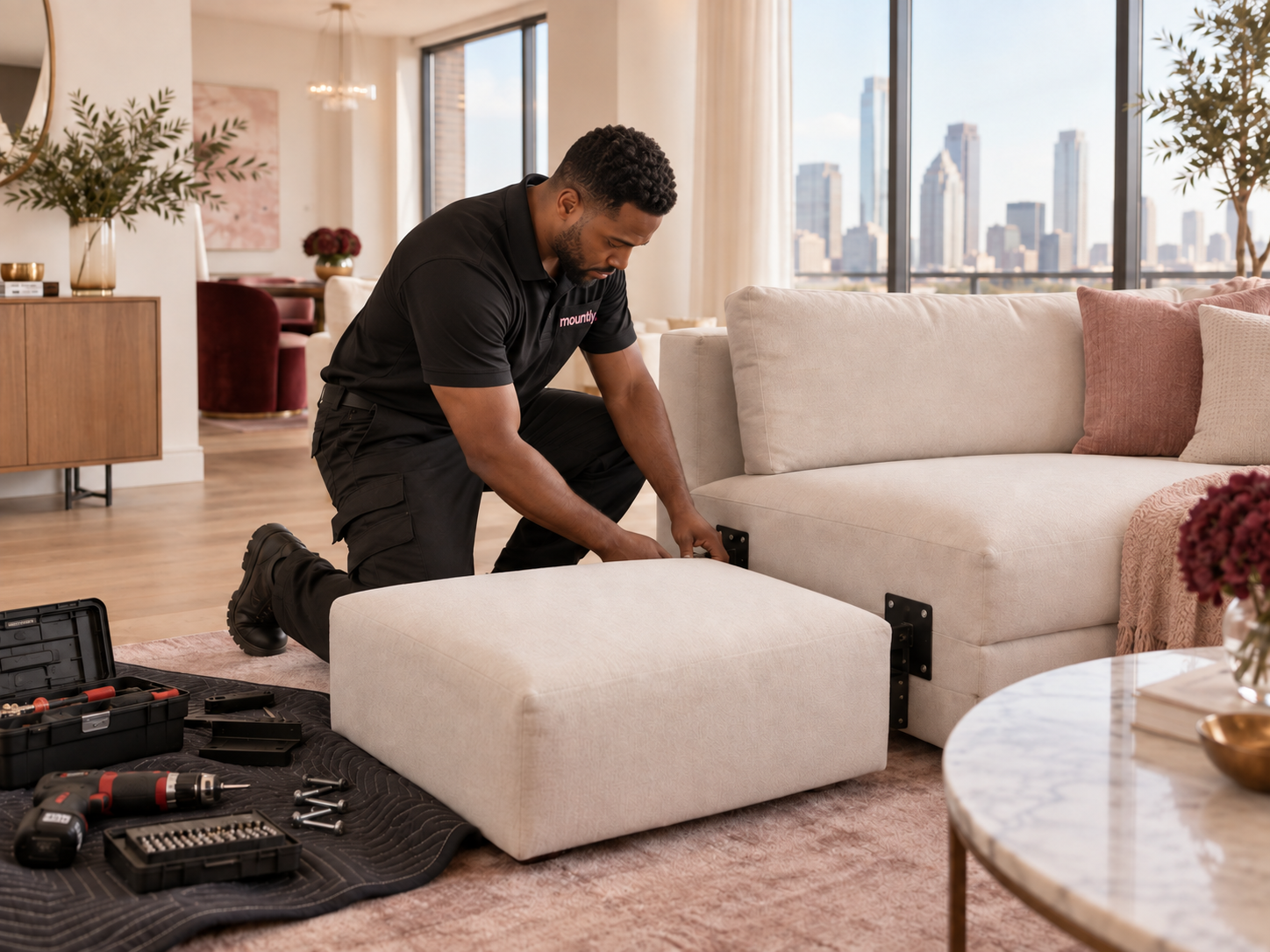 Mountly technician assembling a cream sofa